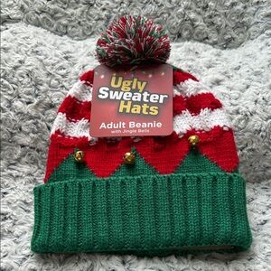 Red and Green Ugly Sweater Beanie with Pom Pom